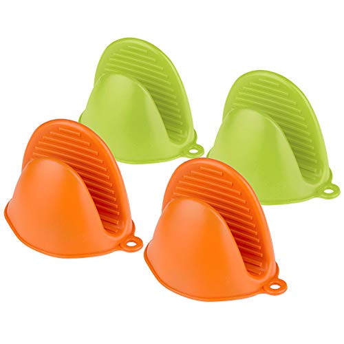 Comius Sharp Mini Guantes de Silicona para Horno, 4 Piezas Multifuncionales Horno Guantes Accesorios, Resistentes al Calor Clip de Mano Antideslizante (Green + Orange)