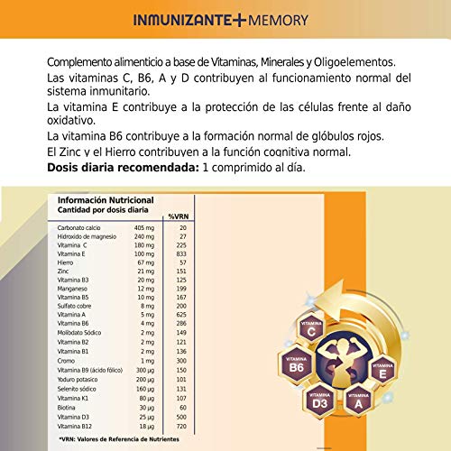 Complejo multivitamínico a base de vitaminas y minerales | Multivitamínico con vitaminas C, E, B3, B5, A, B6, B2, B1, B9, B12, D3, zinc y hierro | Mejora y fortalece la memoria | 60 comprimidos