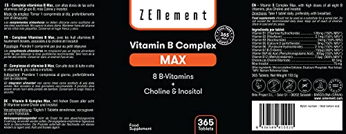 Complejo vitaminico B Max, 365 Comprimidos | 8 Vitaminas B + Colina & Inositol. | El más completo y con altas dosis | Vegano | de Zenement