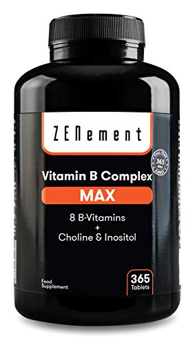 Complejo vitaminico B Max, 365 Comprimidos | 8 Vitaminas B + Colina & Inositol. | El más completo y con altas dosis | Vegano | de Zenement