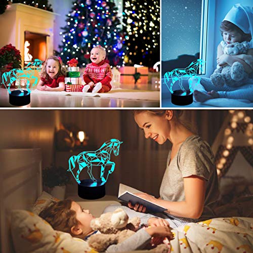 Coolzon 3D Led Lamparas de Mesilla de Noche luz Noche Infantil 7 Cambiar el Color botón táctil Caballo Lampara Noche niños Decoracion Habitacion Juvenil [Clase de eficiencia energética A+]