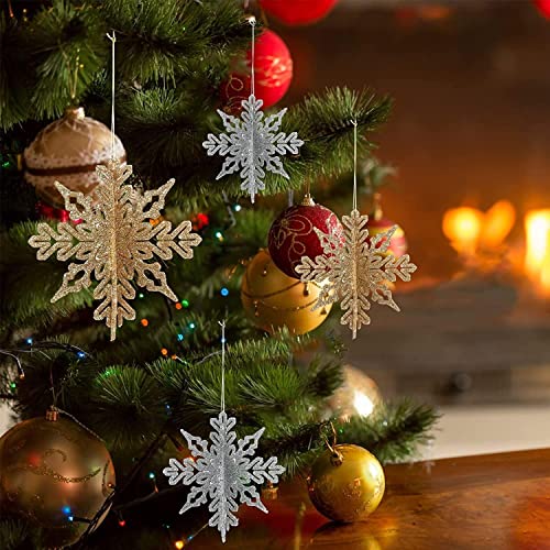 Copos de nieve 3D, decoración navideña, 10 unidades, copos de nieve, adornos para árbol de Navidad, colgantes plateados (5 unidades), diámetro de 10 cm, con 20 cintas plateadas para árbol de Navidad