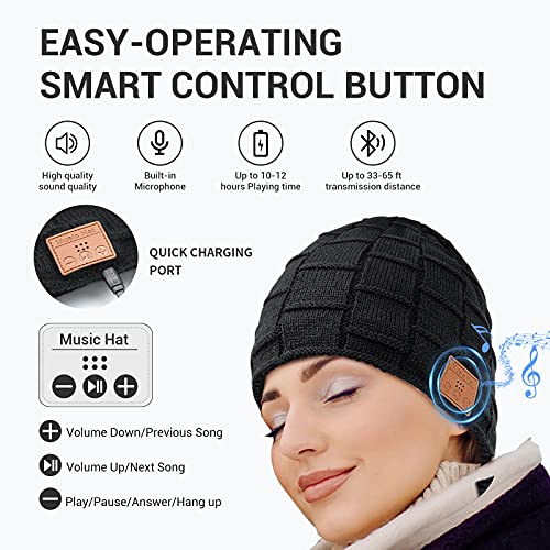 COTOP Gorro de Bluetooth, Musical Beanie Hombre Mujer Bluetooth Tejido Bluetooth 5.0 Gorro de Invierno con Auricular estéreo y micrófono Manos Libres (Negro)