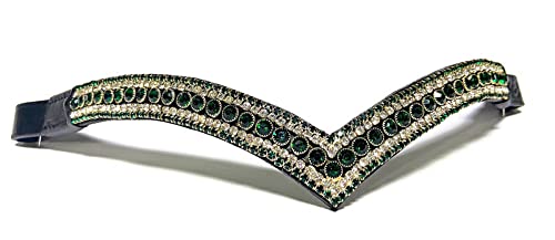 Countrypride Equipride - Banda para cejas con cristales brillantes en forma de V, 5 filas, color verde/transparente (cuero negro, Pony (14 pulgadas)