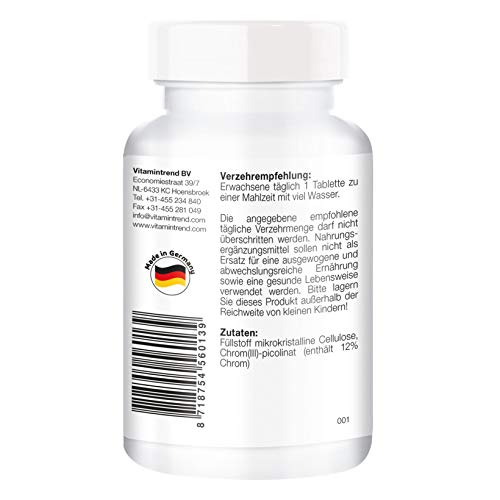 Cromo 200mcg – 180 comprimidos para ¡¡6 MESES!! – Picolinato de cromo – Sin estearato de magnesio – Mejora la síntesis de proteínas