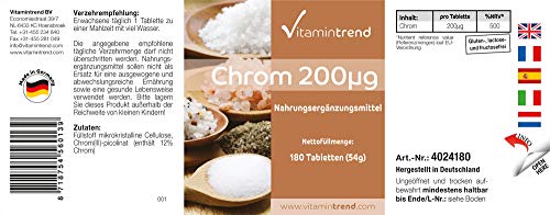 Cromo 200mcg – 180 comprimidos para ¡¡6 MESES!! – Picolinato de cromo – Sin estearato de magnesio – Mejora la síntesis de proteínas