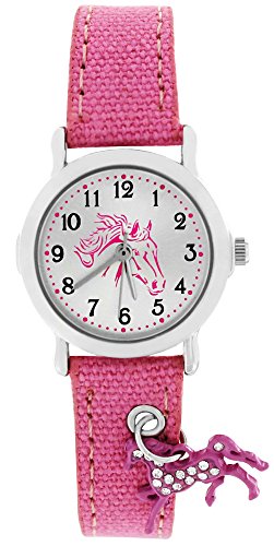 Crystal Blue 20015 – Reloj de pulsera para niños, analógico, con cuarzo, con un colgante de caballo en la correa, de color rosa