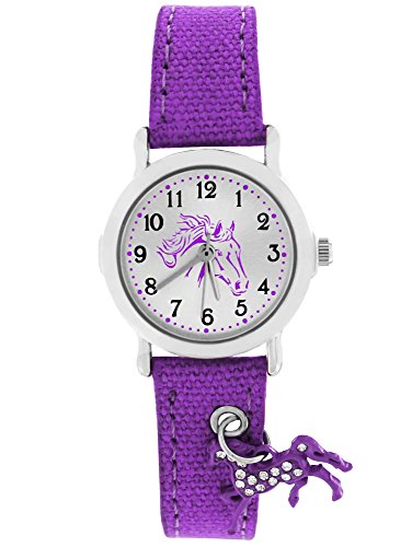 Crystal Blue Reloj de pulsera para Niños, diseño con colgante de caballo, analógico, de cuarzo, púrpura, lila 20016