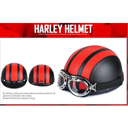 CTLDYR Adulto Casco Vintage Harley Casco Universal para Motocicleta de Piel sintética Mitad De Cuero Frente Abierto con Gafas UV Visera Retro Coche Eléctrico Casco,Rojo,54~60cm