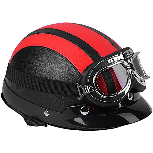 CTLDYR Adulto Casco Vintage Harley Casco Universal para Motocicleta de Piel sintética Mitad De Cuero Frente Abierto con Gafas UV Visera Retro Coche Eléctrico Casco,Rojo,54~60cm