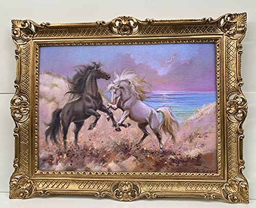 Cuadro con marco de caballos, caballos, blanco y negro, 90 x 70 cm, con marco, diseño barroco