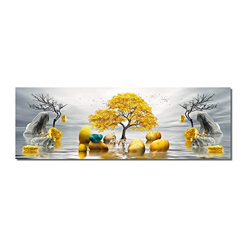 Cuadro de lienzo de árbol y ciervo dorado abstracto, carteles e impresiones de paisaje de piedra, cuadro de arte de pared escandinavo para sala de estar, 40x120cm (16x47in) sin marco
