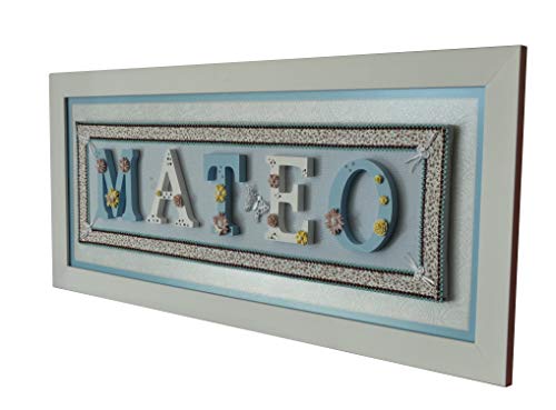 Cuadro decoración nombre MATEO color azul. Pintado a mano. Personalizable en nombre y colores. Regalo único y exclusivo.