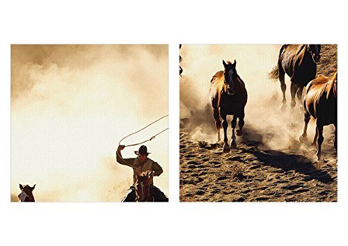 Cuadro sobre lienzo - Impresión de Imagen - Vaqueros caballos galope - 65x120cm - Imagen Impresión - Cuadros Decoracion - Impresión en lienzo - Cuadros Modernos - Lienzo Decorativo - PA65x120-2693