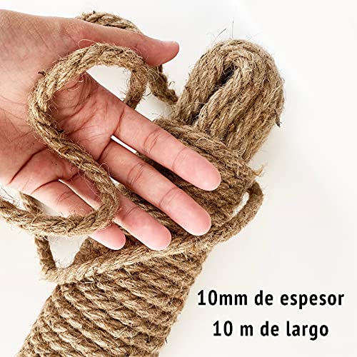 Cuerda de yute 10mm 10 metros cuerda de cañamo 10mm 10 metros. cuerda de cáñamo de 10mm de grosor y 10 metros de largo, ideal para atar tomateras, tendedero ropa, decoración, etc(10mm x 10m)