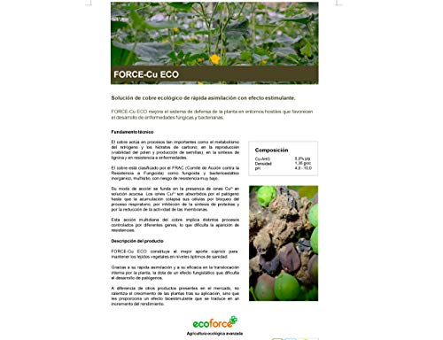 CULTIVERS Fertilizante con Efecto Fungicida de Cobre Ecológico de 1 L. Abono para la Mejora del Sistema de Defensa de la Planta contra el Desarrollo de Enfermedades. Force CU