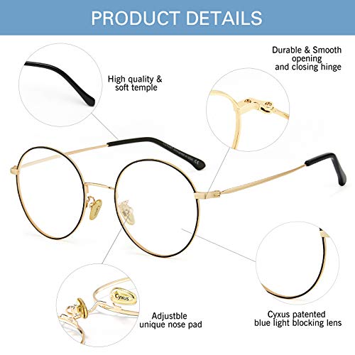 Cyxus Gafas Anti Luz Azul de Marco de metal Anti Tensión de Ojos [Mejor Sueño] (Lentes Transparentes) Unisexo (Hombres/Mujeres) (Negro/Oro)