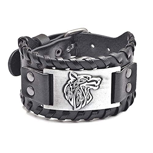 Daimay 2 pulseras de cuero para hombre Punk trenzado cuerda de aleación pulsera pulsera brazalete ancho cuero brazalete ajustable – cabeza de lobo negro y marrón