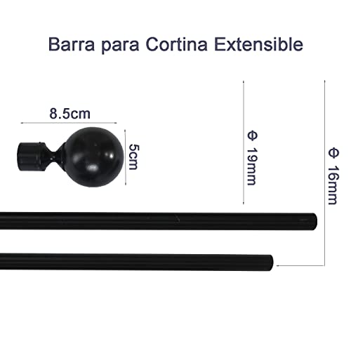 DALINA TEXTIL - Barra Cortina Básico Extensible con Terminales en Estilo de Bola - Barra para Cortina con Soportes y Anillos de Plásticos ( Negro, 160-310CM )