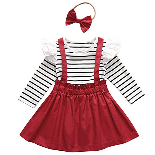 DaMohony Ropa de bebé niña con volantes de manga larga camisa de tirantes falda diadema 3 piezas para niñas pequeñas, rosso, 4-5 años