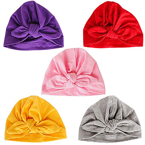 Danolt 5 PCS Sombrero de algodón para bebé-niñas, Suave Cute Bow Turbante Headwrap para recién Nacidos niños pequeños Niñas 0-24 Meses.