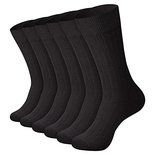 DarkCom 6 Pares Calcetines Vestir para Hombres Calcetines de Algodón peinados Calcetines de Negocios Suaves, Cómodos, Transpirables y Clásicos (Negro-Rayas anchas, 43-46)