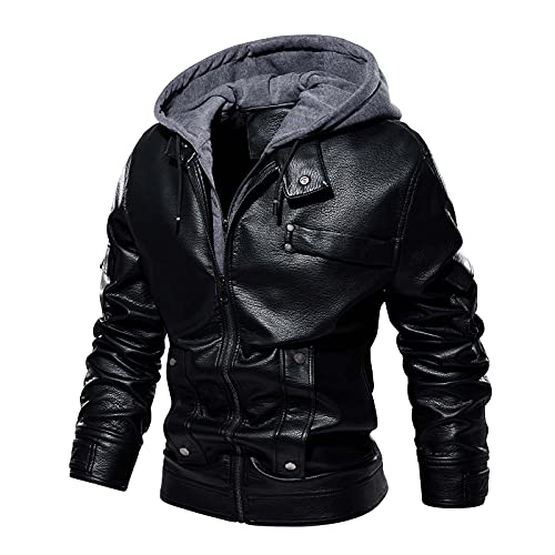 Dasongff Abrigo de piel sintética para hombre, talla grande, impermeable, con capucha, chaqueta para moto, chaqueta de invierno, cálido, con capucha y chaqueta para hombre