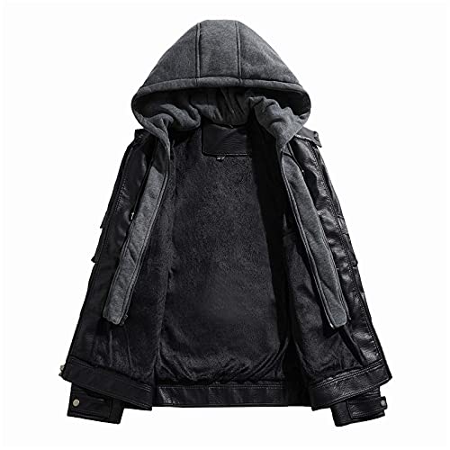 Dasongff Abrigo de piel sintética para hombre, talla grande, impermeable, con capucha, chaqueta para moto, chaqueta de invierno, cálido, con capucha y chaqueta para hombre