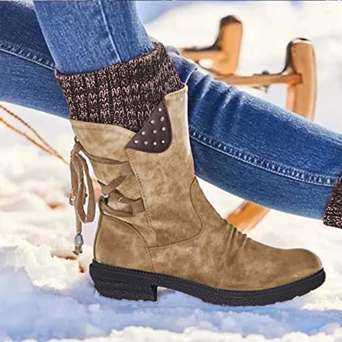 Dasongff Botas de nieve para mujer, botines de tobillo botines de invierno estilo retro, botas de equitación, zapatos de punta redonda, botas de media caña, botas térmicas de invierno y otoño