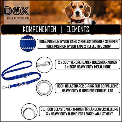DDOXX Correa Perro Multiposición Nylon Reflectante, Ajustable en 3 tamaños, 2 m | Muchos Colores & Tamaños | para Perros Pequeño, Mediano y Grande | Correa Doble 2 Gato Cachorro | M, Azul, 2m