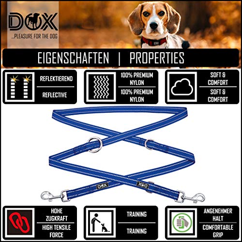 DDOXX Correa Perro Multiposición Nylon Reflectante, Ajustable en 3 tamaños, 2 m | Muchos Colores & Tamaños | para Perros Pequeño, Mediano y Grande | Correa Doble 2 Gato Cachorro | M, Azul, 2m
