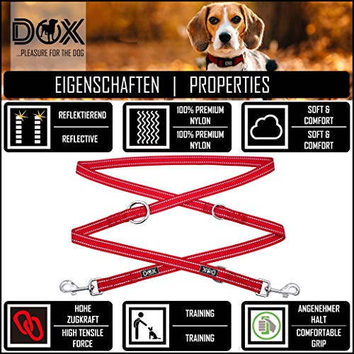 DDOXX Correa Perro Multiposición Nylon Reflectante, Ajustable en 3 tamaños, 2 m | Muchos Colores & Tamaños | para Perros Pequeño, Mediano y Grande | Correa Doble 2 Gato Cachorro | L, Rojo, 2m