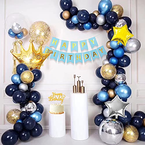 Decoraciones cumpleaños oro azul, globos azul marino globos plata oro azul metálico pancarta HAPPY BIRTHDAY globos confeti oro globo corona globos estrella hojas de palmera adorno de torta