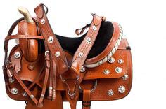 Deen, Enterprises Aparejos de cuero de primera calidad para caballos, caballos, cabeza de cuero a juego, collar de pecho, riendas, tamaño de asiento de 35,5 cm a 45,7 cm (asiento de 41,9 cm)