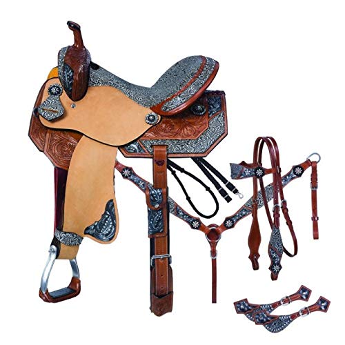 Deen, Enterprises Aparejos de cuero de primera calidad para caballos, cabeza de cuero a juego, cuello de pecho, riendas, tamaño 35,5 cm a 45,7 cm asiento disponible (asiento de 41,9 cm)