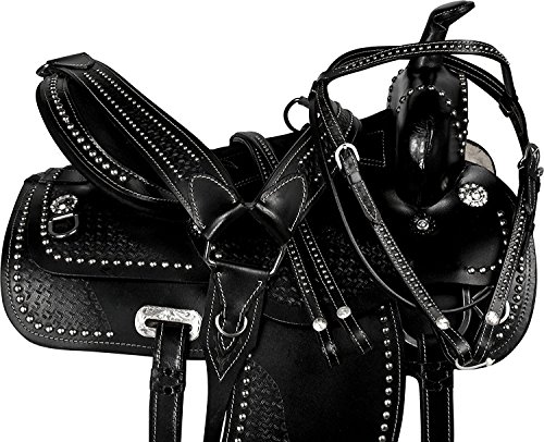 Deen, Enterprises - Silla de montar de piel para caballos de carreras de occidente para adulto, cabeza de piel a juego, cuello de pecho, riendas tamaño 35,56 cm a 45,72 cm asiento disponible