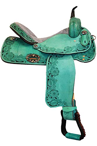 Deen, Enterprises Western Barrel Racing - Ataco de piel para sillín de caballo para adultos, reposacabezas de cuero a juego, collar de pecho y riendas, tamaño de asiento de 40,6 cm disponible (verde)
