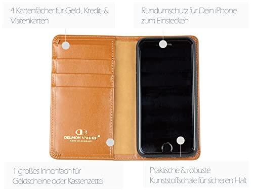 Delon VARONE - Funda personalizada compatible con iPhone 13 Boxcalf de piel marrón, con tarjetero plegable, para hombre y mujer