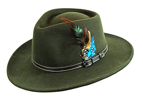 Denton Hats - Sombrero de Oliva Plegable Impermeable Hecho a Mano con Banda de Piel, 100% Lana con Pluma extraíble Verde Verde Oliva L