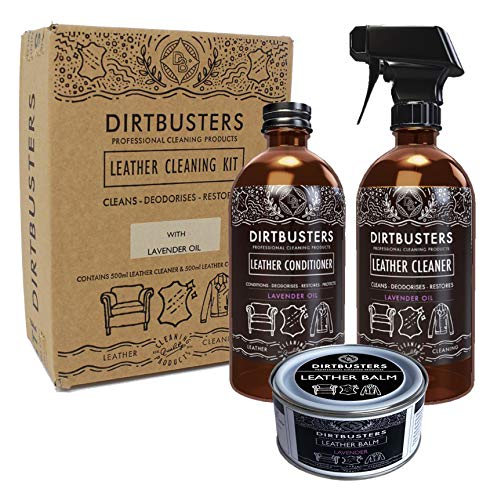 Dirtbusters - Juego de limpiador y acondicionador de cuero, 2 botellas de aceite de lavanda de 500 ml y un bálsamo de lavanda de 175 g, kit de limpieza de pH neutro