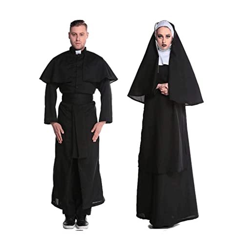 Disfraces de Halloween para hombres Disfraz de sacerdote y monja de lujo para hombres Traje de fiesta de Halloween Vestimenta tradicional con cuello de túnica y fajín para adultos (Color: Priest,