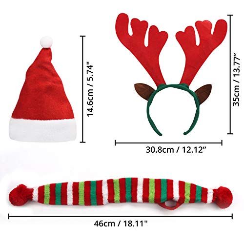 Disfraz Mascota Navidad (Pack de 3) - Set Cinta para Cabeza de Astas de Reno, Sombrero de Papá Noel y Bufanda de Navidad a Rayas - Disfraz Perro Accesorio Mascotas para Gato, Cachorro, Catito