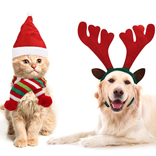 Disfraz Mascota Navidad (Pack de 3) - Set Cinta para Cabeza de Astas de Reno, Sombrero de Papá Noel y Bufanda de Navidad a Rayas - Disfraz Perro Accesorio Mascotas para Gato, Cachorro, Catito