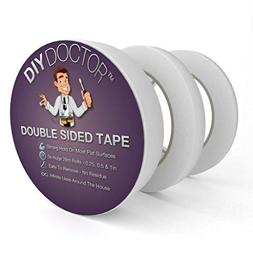 DIY Doctor 3 Rollos Multiuso Doble Cara – Cintas Adhesivas para Manualidades, Fotos, Papel Pintado, álbumes de Recortes, 6 mm, 12 mm, 25 mm, 28 m de largo, Transparente