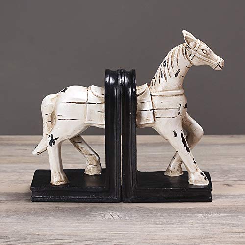 DKee Estilo retro blanco en forma de caballo resina sujetalibros Revistas estante sala de estar TV Gabinete dormitorio Hotel Cafe Librería Decoración de escritorio 26 x 7,5 x 22,5 cm Adornos