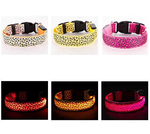 DMFSHI Collar Luminoso Perro, Collar Led Perro, Collar para Mascotas Ajustable de Leopardo con 3 Modos de Parpadeo para Aumentar la Visibilidad por la Noche (Amarillo, 43-60 cm)
