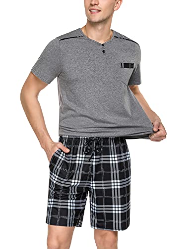 Doaraha Pijamas Cortos Hombre Verano Pijama a Cuadros Algodón Ropa de Dormir Manga Corta Camiseta y Pantalones Cortos Suave y Cómodo 2 Piezas (1292# Gris Oscuro, M)