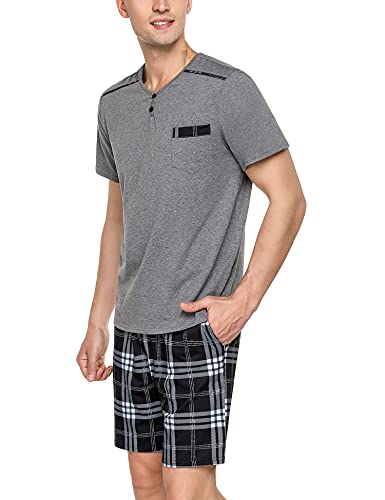 Doaraha Pijamas Cortos Hombre Verano Pijama a Cuadros Algodón Ropa de Dormir Manga Corta Camiseta y Pantalones Cortos Suave y Cómodo 2 Piezas (1292# Gris Oscuro, M)