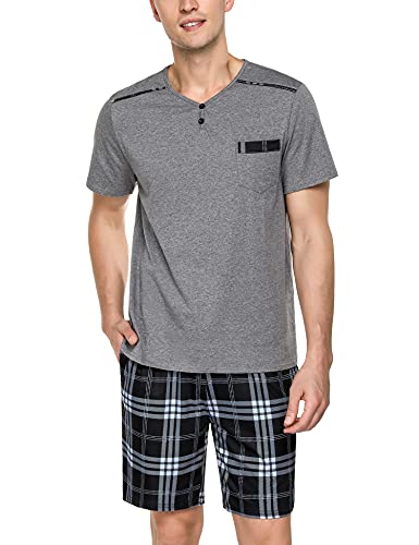 Doaraha Pijamas Cortos Hombre Verano Pijama a Cuadros Algodón Ropa de Dormir Manga Corta Camiseta y Pantalones Cortos Suave y Cómodo 2 Piezas (1292# Gris Oscuro, M)