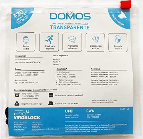 Domos Mascarilla Transparente Reutilizable Color VERDE CAQUI UNE0065 CWA17533 fabricada en España.… (Talla M)